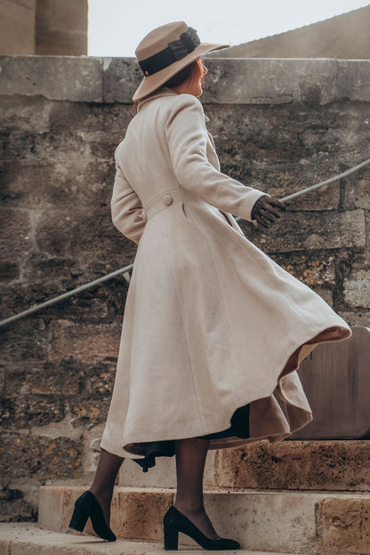 Cream White Wool Blend Coat - Double-Breasted A-Line Overcoat 3183
