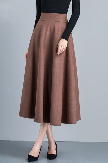 Handmade Wool Midi Skirt – Vintage A-Line High Waist with Pockets 6212