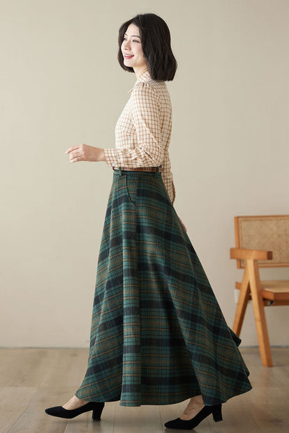 Green Wool Maxi Skirt - Plaid Flared Ankle-Length 4621