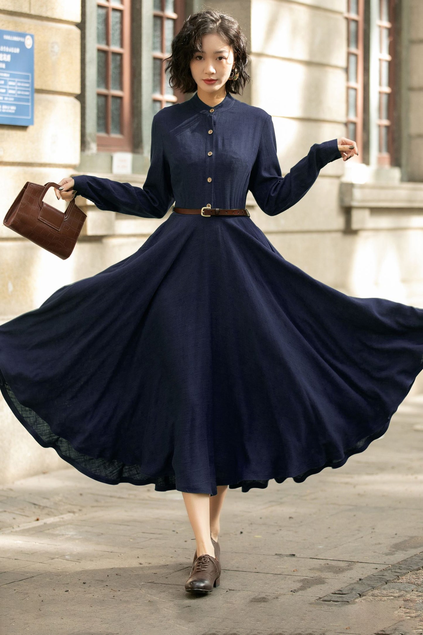 Navy Linen Midi Dress – Handmade Vintage A-Line Long Sleeve Button Dress 6671
