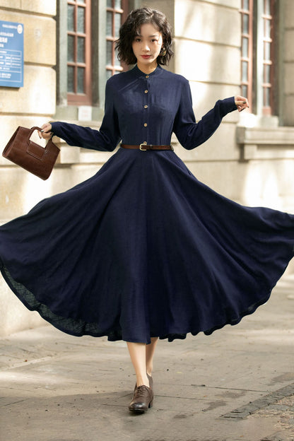 Navy Linen Midi Dress – Handmade Vintage A-Line Long Sleeve Button Dress 6671