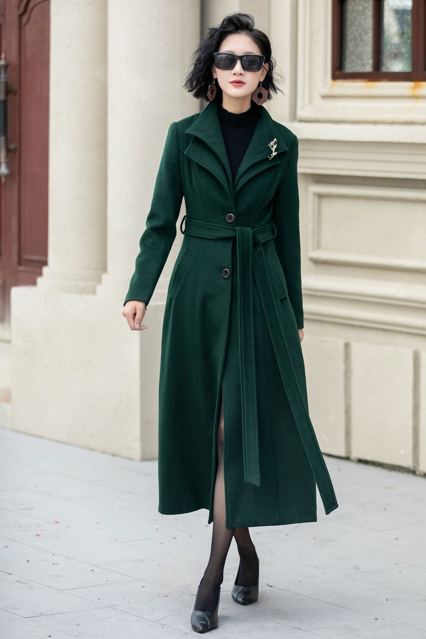 Green long wool trench coat women 5350