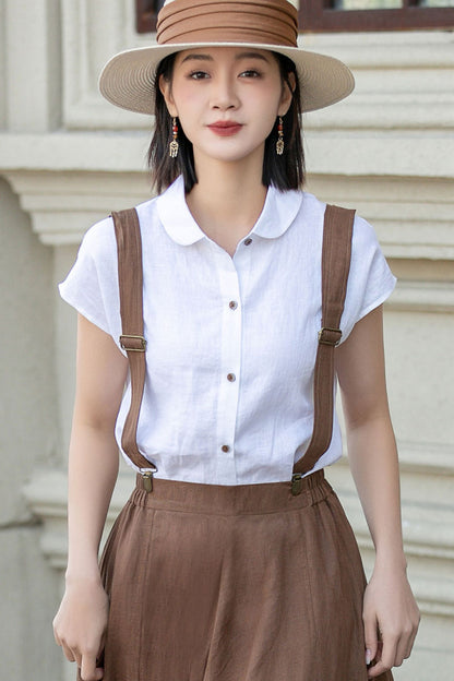 White Linen Shirt Top - Loose Fit, Lapel Collar 4921