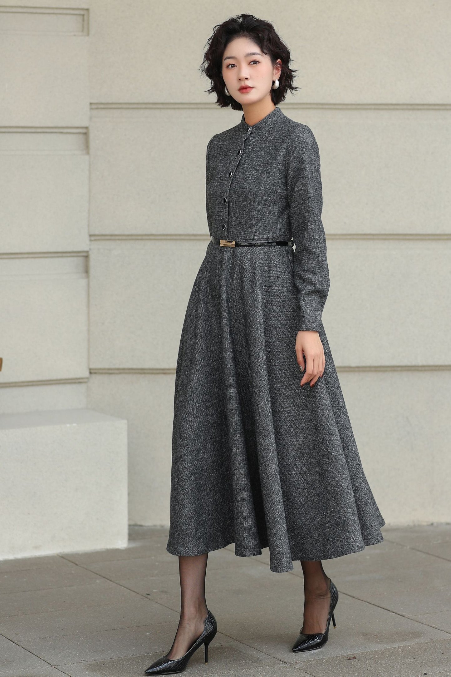 Wool A-Line Midi Gray Belted Vintage Style Dress 6508