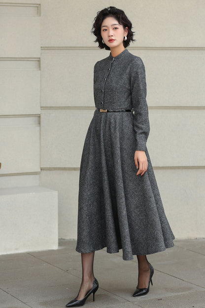 Wool A-Line Midi Gray Belted Vintage Style Dress 6508