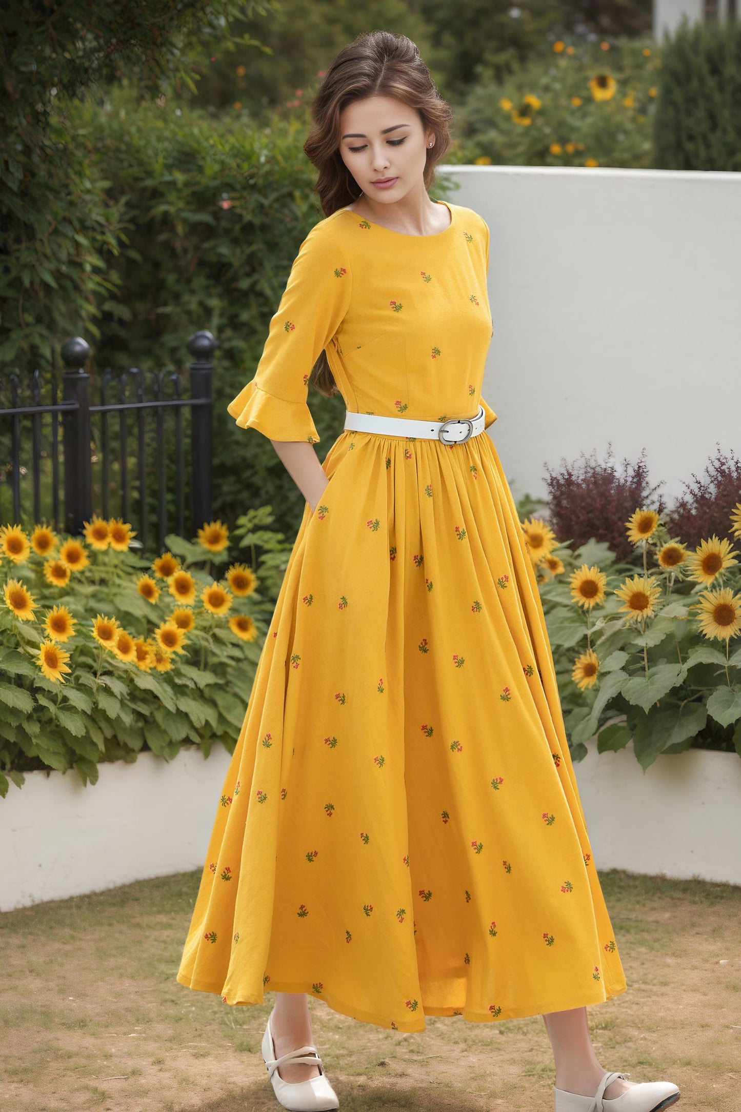 Yellow Linen Dress - Floral 3/4 Sleeve | Xiaolizi 6720