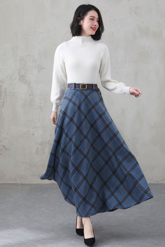 Women Winter long Plaid Wool skirt 4007