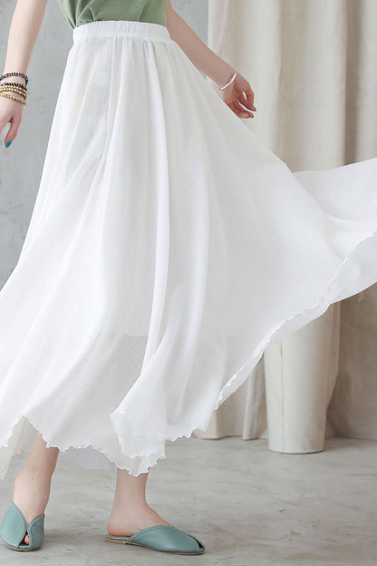 White Linen Maxi Swing Skirt, Pleated Elastic Waist | Xiaolizi 2748