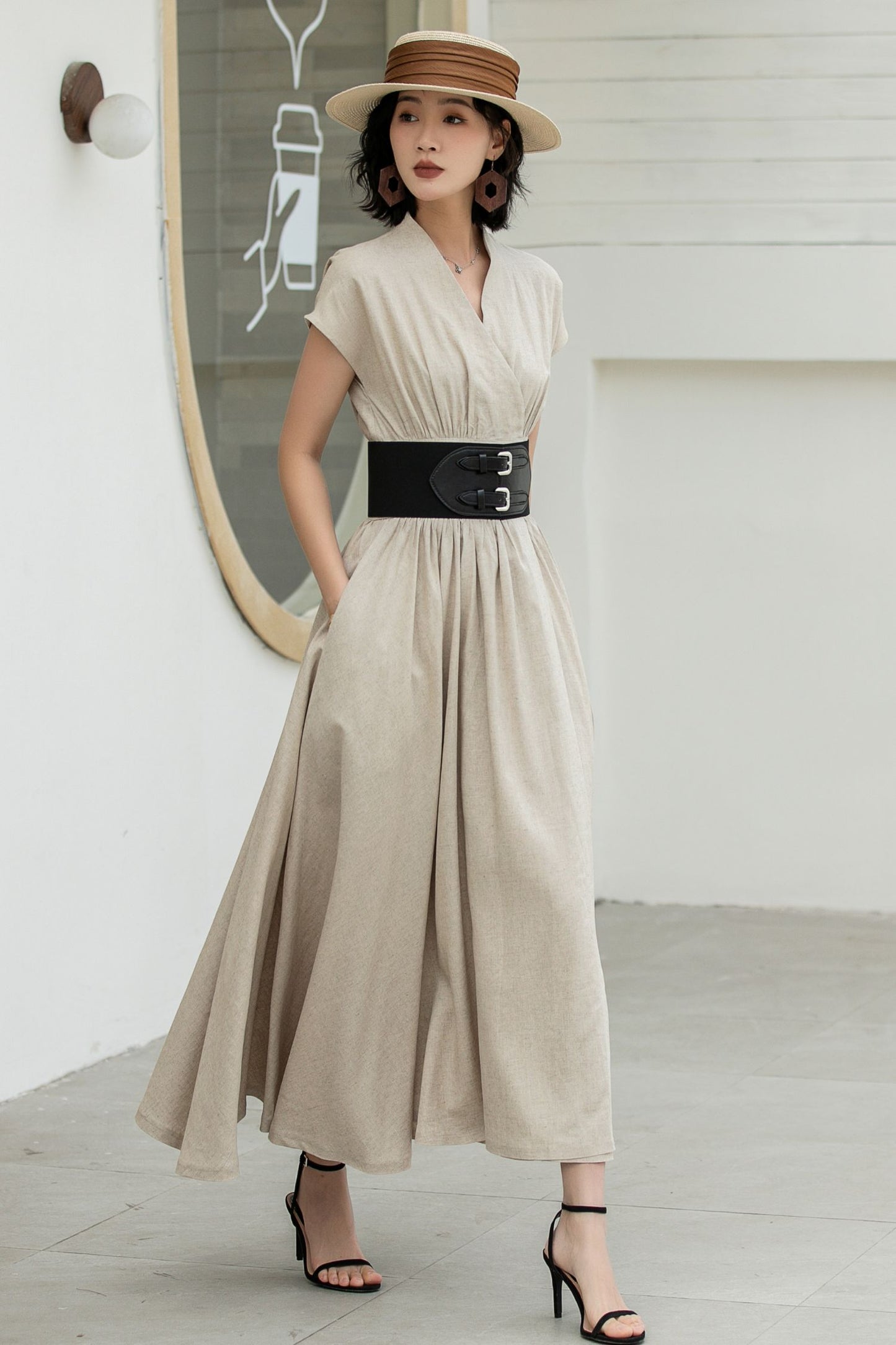 Beige Linen Wrap Dress – Short Sleeve Midi Dress with Belt & Pockets 5836