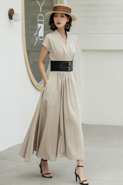 Beige Linen Wrap Dress – Short Sleeve Midi Dress with Belt & Pockets 5836