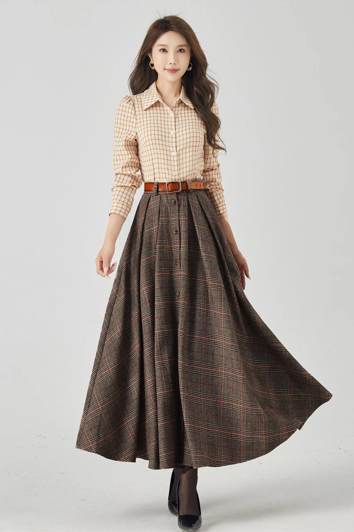 A line long wool plaid winter skirt 4536