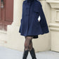 Blue Hooded Wool Cape Coat Women 5353