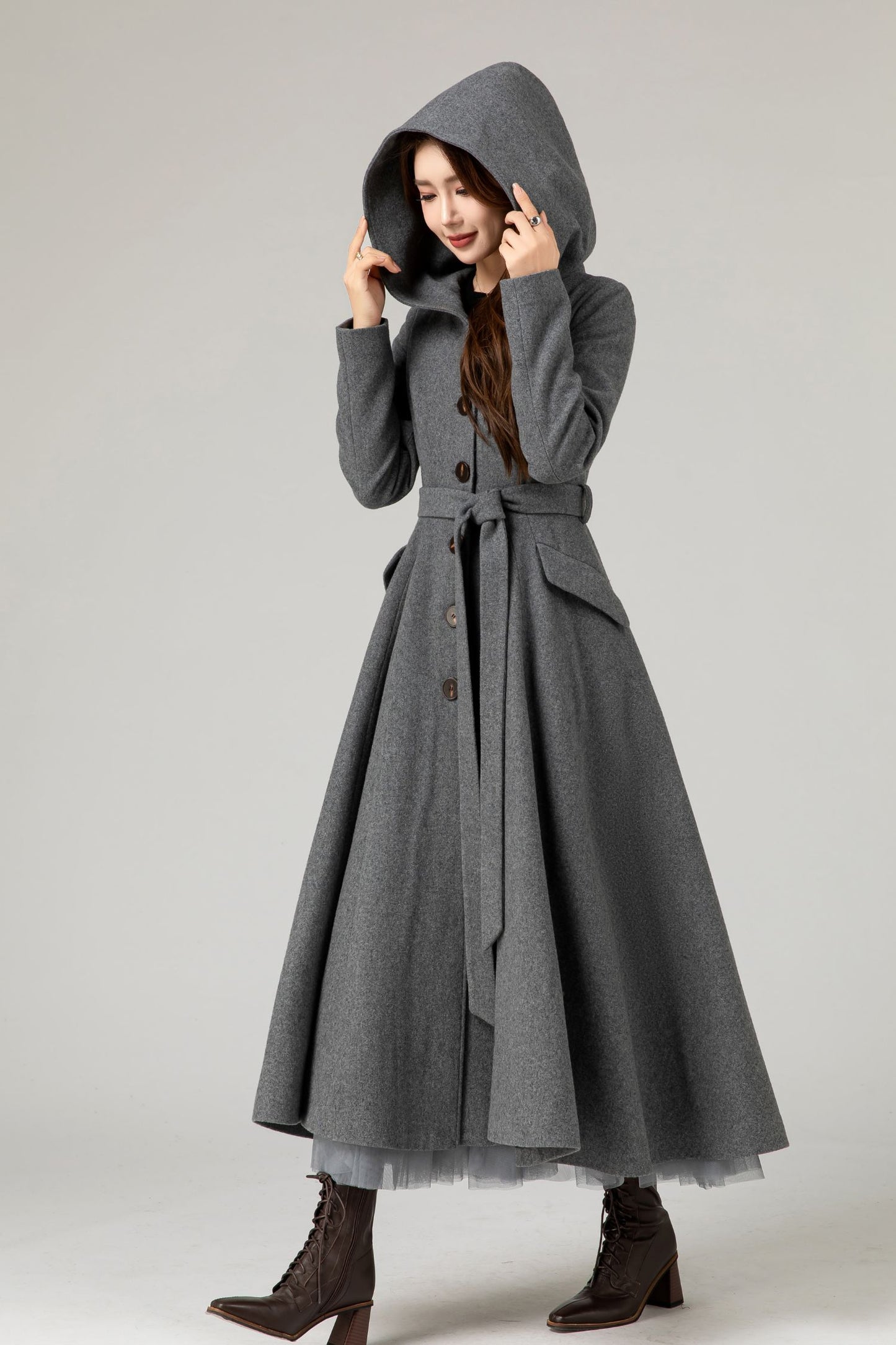 Hooded tie blet gray long winter wool coat 5481