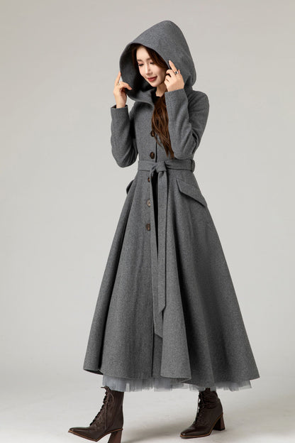 Gray Wool Blend Long Coat - Hooded Tie Belt Fitted | Xiaolizi 5481