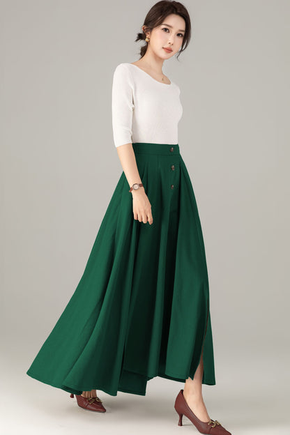 Green Linen Cotton Maxi Skirt - High-Waisted with Side Slit 5719