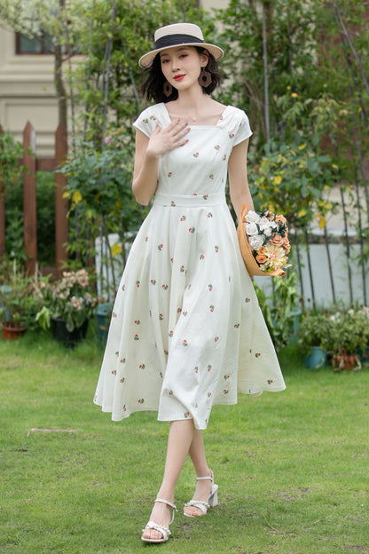 White Linen Fit and Flare Dress - Embroidered, Square Neckline 5203
