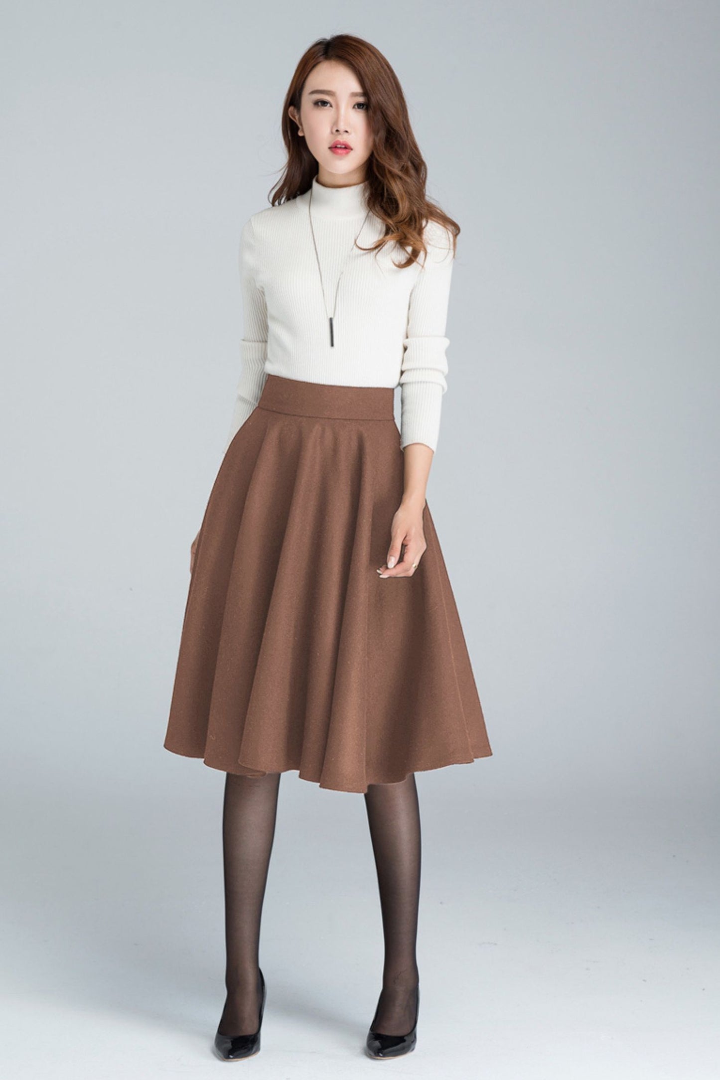 Wool Skater Skirt – Brown Wool Blend Skirt with Side Pockets and Back Zipper  5442
