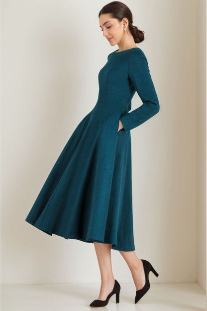 Handmade Teal Blue Wool Midi Dress – Long Sleeve Fit and Flare | Xiaolizi 5253