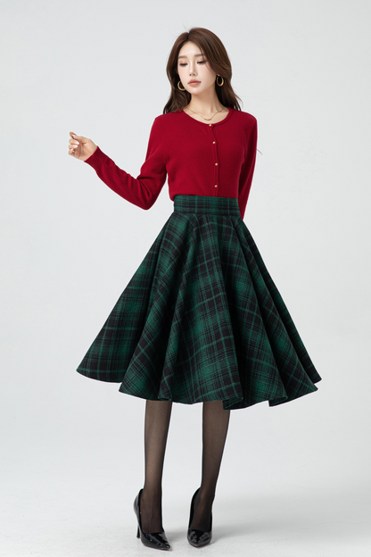 Handmade Wool Plaid Circle Skirt – Vintage High Waist Winter Midi Skirt | Xiaolizi 5319