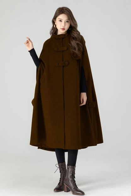 Wool Hooded Cape Coat – Vintage Mid-Length Winter Cloak 5252