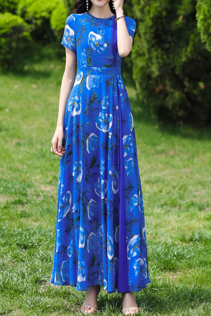 Blue Polyester Chiffon Maxi Dress - Floral Print Patchwork Ankle-Length 4992