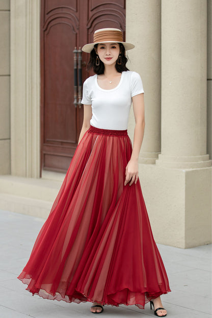 Rust Red Chiffon Maxi Skirt - Swing Elastic Waist | Xiaolizi 5151