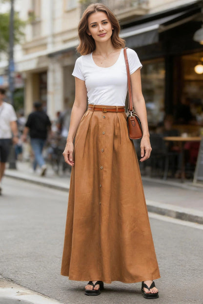 Yellow Linen Maxi Skirt - High Waist A-Line | Xiaolizi 6767