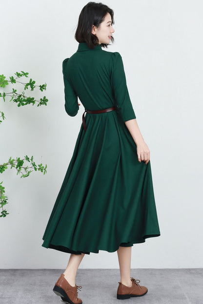 Green Linen A-Line Dress - Button Front, Relaxed Fit 5735