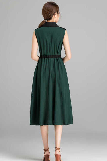 Green Linen Cotton Dress - Sleeveless Button-Down Midi | Xiaolizi 2362