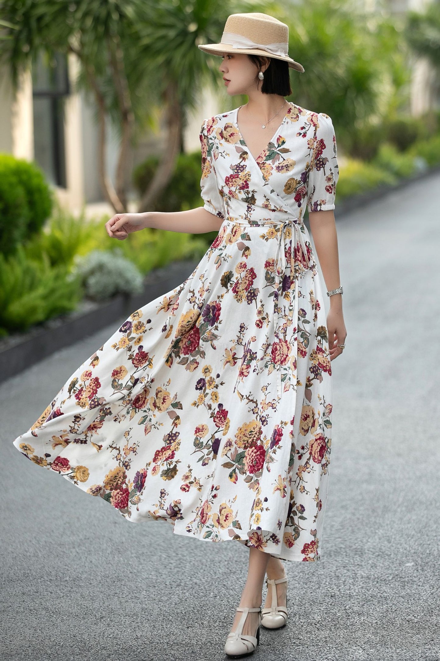Floral Linen Cotton Wrap Midi Dress – Vintage V-Neck Summer Dress 6667