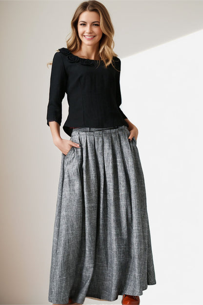 Gray Linen Maxi Skirt - Pleated Waist, Ankle Length 5139