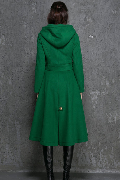 Army Green Wool Coat - Double-Breasted A-Line with Hood 1346