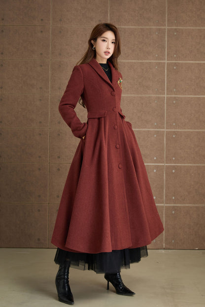 Red Brown Wool Fit and Flare Coat – Vintage Long Winter Wool Overcoat 5369