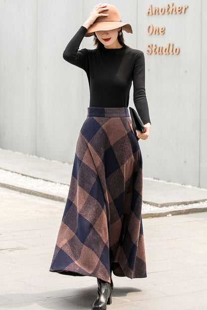 Plaid Wool Maxi Skirt - Vintage Inspired Pleated Circle 2837