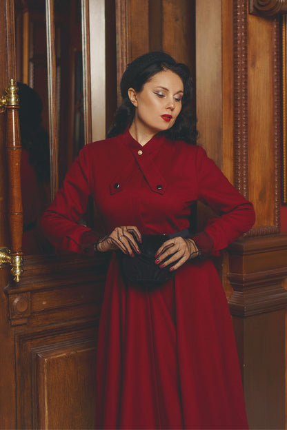 Burgundy Wool Fit & Flare Dress - A-Line Long Sleeve | Xiaolizi 4815