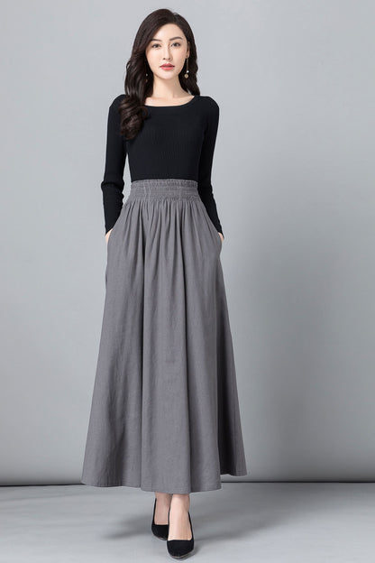 Gray Linen Cotton Maxi Skirt - High Waist Pleated Swing 2358