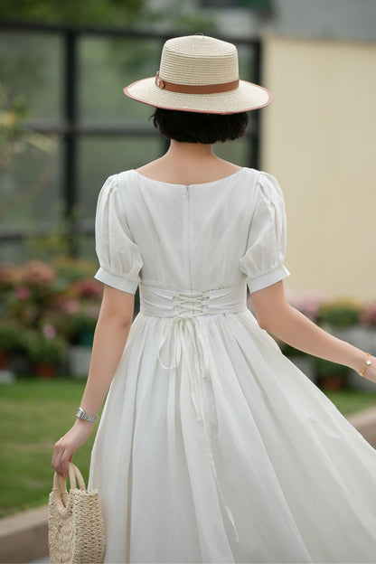 White Linen Midi Dress - Puff Sleeve, Empire Waist Swing 5983