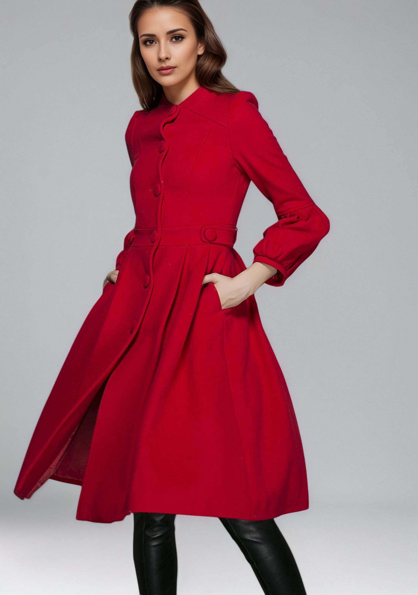 Vintage Red Wool Princess Coat – Bracelet Sleeves, Below-Knee, Pleated Skirt 6350