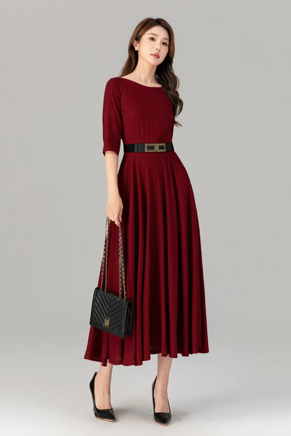 Burgundy Linen Midi Dress – Handmade Romantic Fit & Flare Summer Dress with Pockets | Xiaolizi 4908