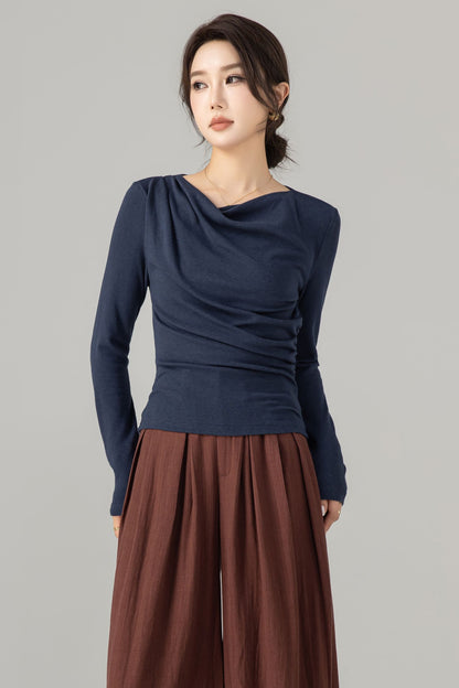 Navy Cotton Knit Long Sleeve Top – Slim Fit Drape Neck Shirt 5699