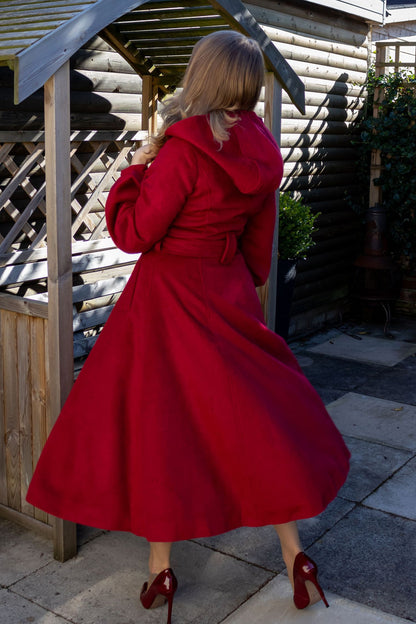 Red Wool Blend Hooded Coat - Lantern Sleeves & Tie Waist 3174