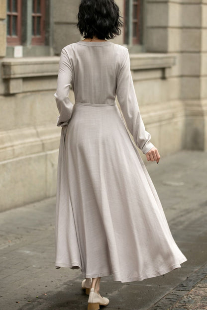 Gray Linen Dress - Wrap Style with Long Sleeves and Waist Tie 5672