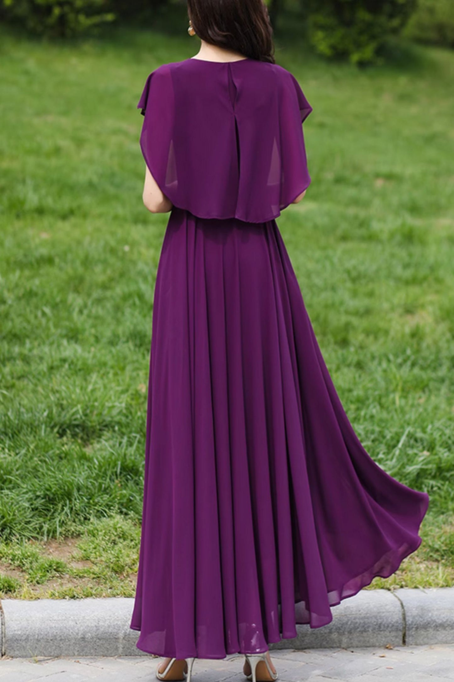 Prom purple chiffon dress with cape 4982