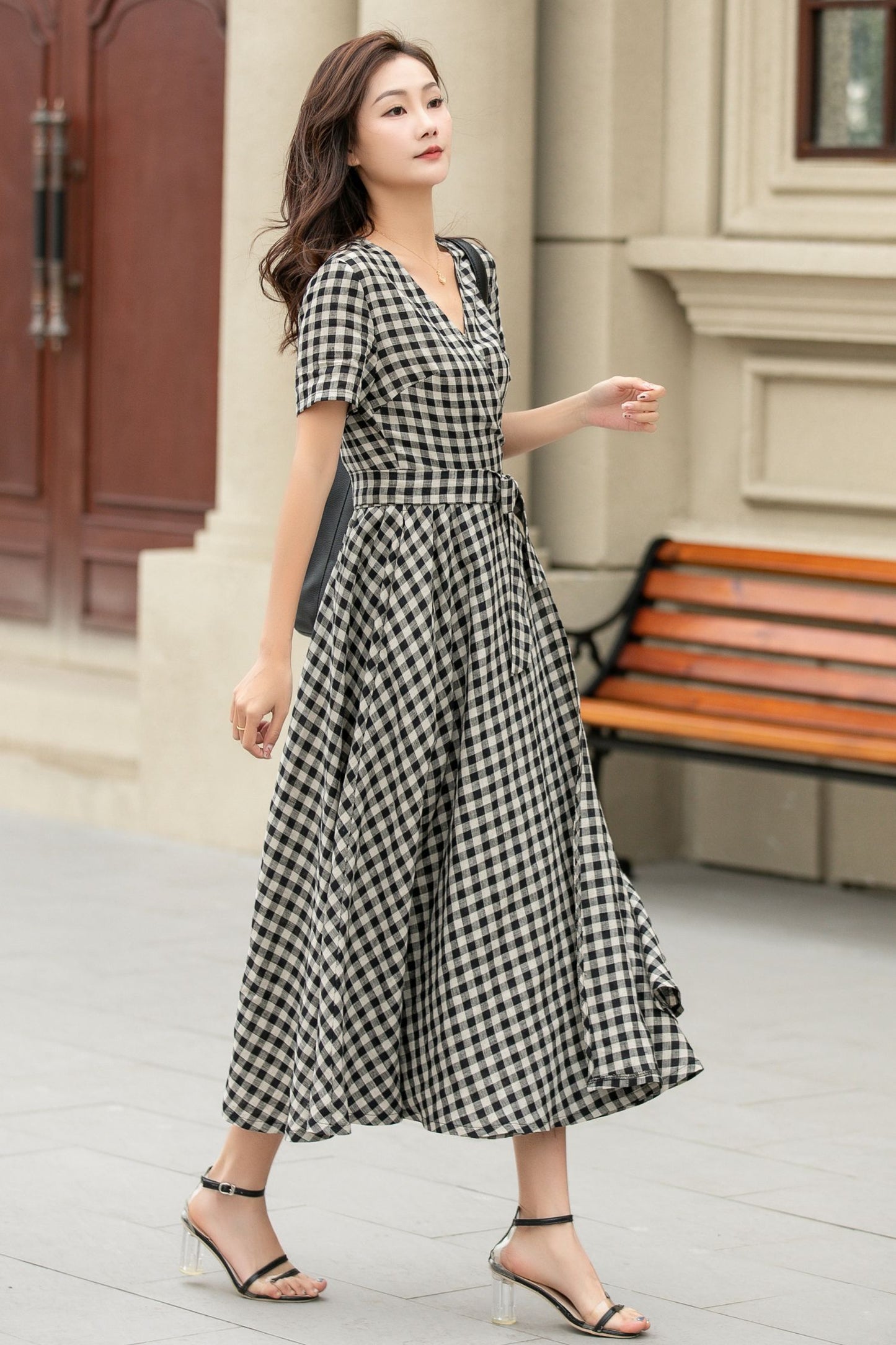 Black and white summer plaid linen wrap dress 4948