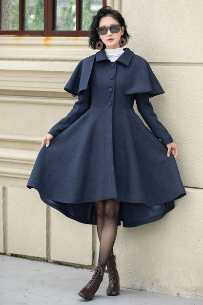 Navy Blue Wool Coat – Vintage Winter Cape Overcoat with High-Low Hem 5352