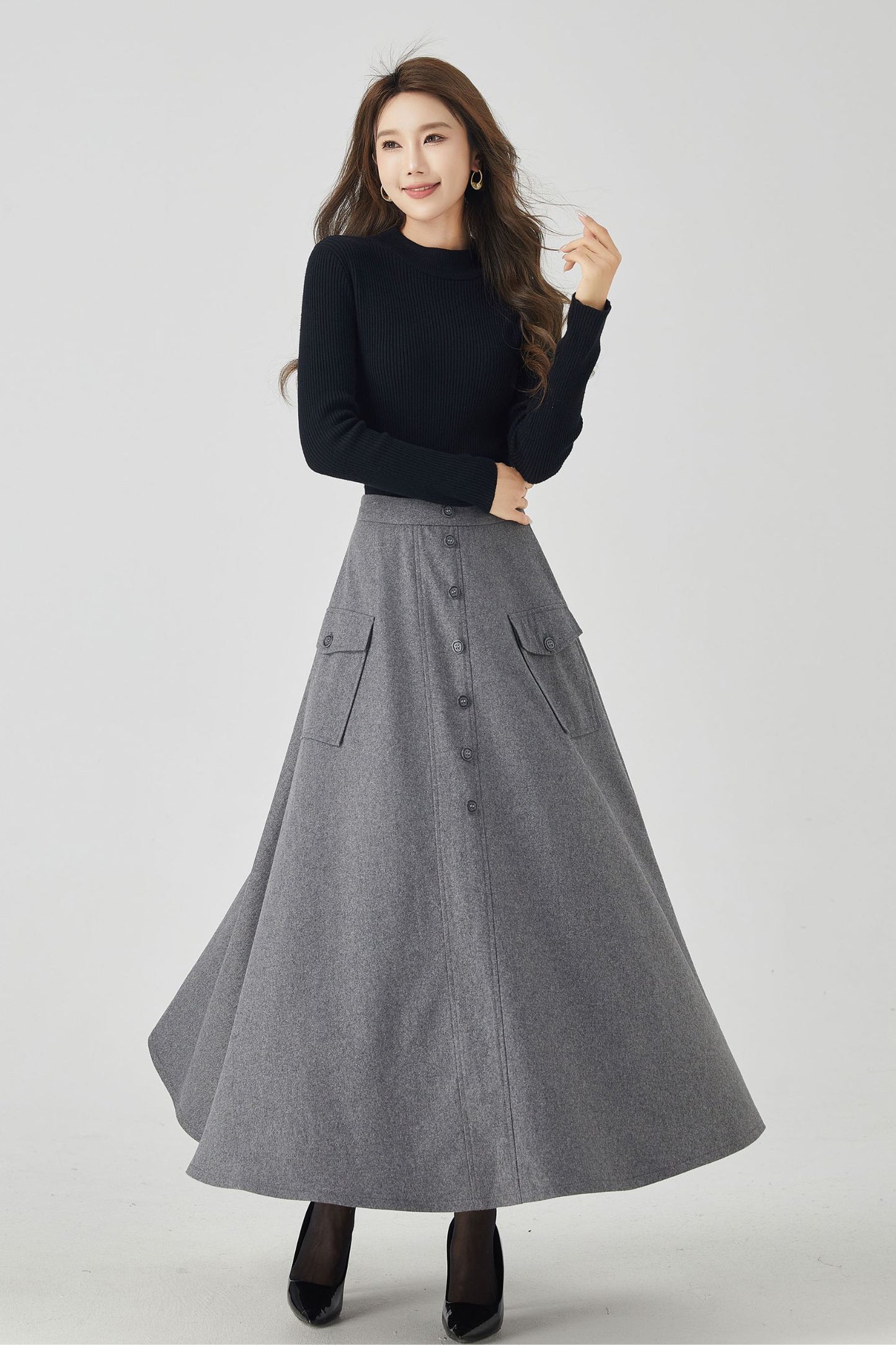 Gray a line long wool winter skirt 4529