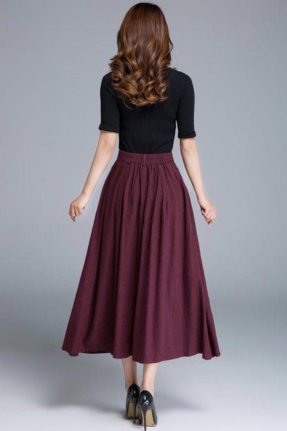Feminine Burgundy Linen Maxi Skirt – High-Waist A-Line Buttons – 1672