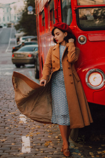 Camel Wool Double Breasted Coat - Fit and Flare Vintage Silhouette 2494