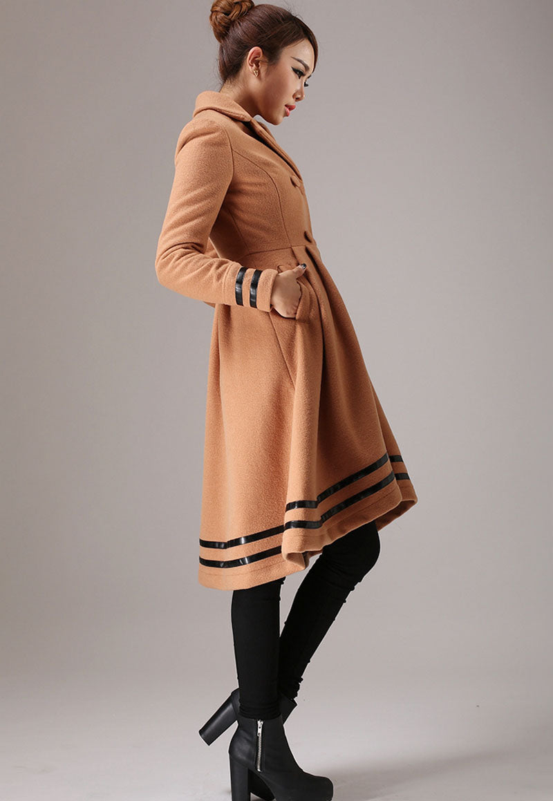 Handmade Camel Wool Blend Coat – Vintage Drop Hem Winter Overcoat with Black Trim | Xiaolizi 0757