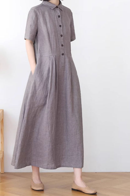 Gray summer linen shirt dress with pockets 4835